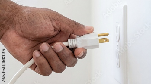 Close up view of a Black male hand inserting a white three prong electric plug into a wall outlet socket to connect power and energy