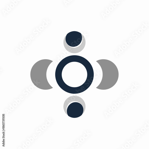 The graphic illustration depicts a stylized symbol with a central circle surrounded by four smaller circular shapes.