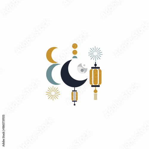 Vibrant illustration of crescent moons and lanterns floating amidst celestial bodies and fireworks in a nighttime scene