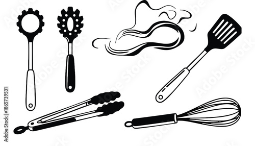 A set of kitchen utensils in silhouette on transparent background
