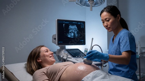 Professional Asian sonographer in blue scrubs performing ultrasound checkup on happy pregnant woman lying on bed in dim modern medical clinic room