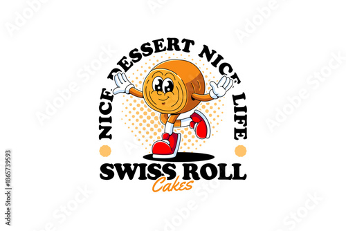 Swiss roll cake retro cartoon character mascot illustration with dancing pose for cafes and pastry branding and merchandise. Sponge cake, Sweet rolled cake