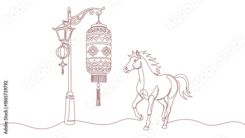 horse running near lantern and street lamp