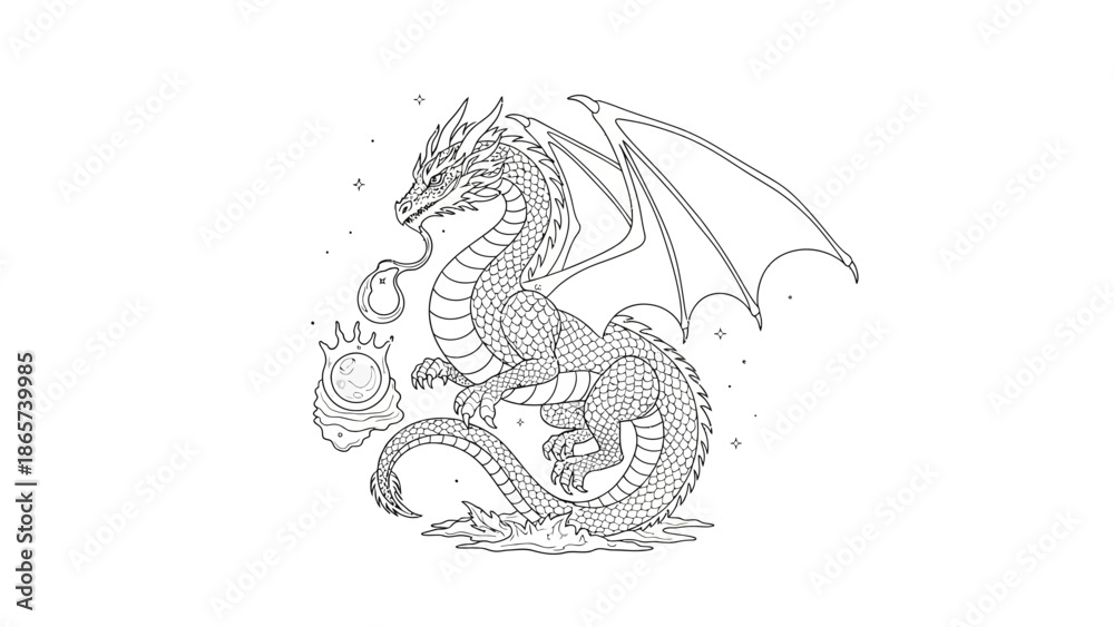 Obraz premium dragon sitting with ball, mythical creature