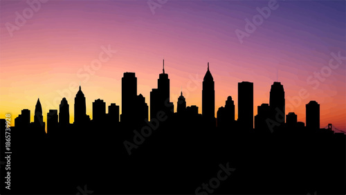 Majestic cityscape silhouette against a vibrant twilight sky, evoking urban energy and dreams.