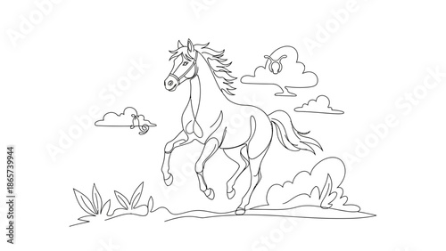 black and white horse running on field