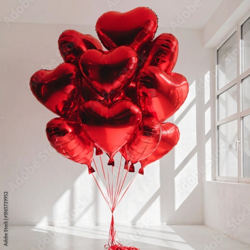 Red heart balloon in a vase on a white table for a romantic celebration