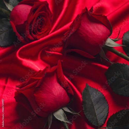 Three red roses on a black background symbolizing love and romance