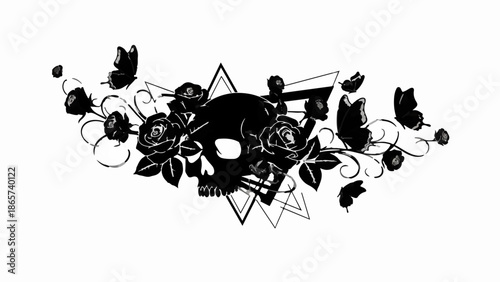 Mysterious skull adorned with dark roses and fluttering butterflies against abstract geometric shapes.