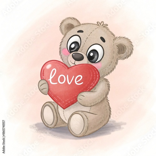 Cute teddy bear holding a heart for Valentine love illustration