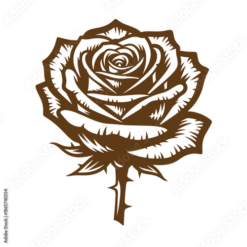 Vintage Brown rose illustration with thorns and leaves on white background