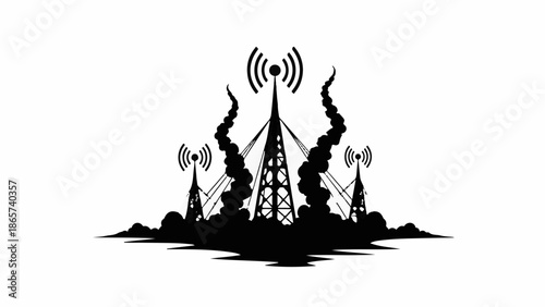 Radio towers broadcasting signals, symbolizing communication and connection in a stylized silhouette.