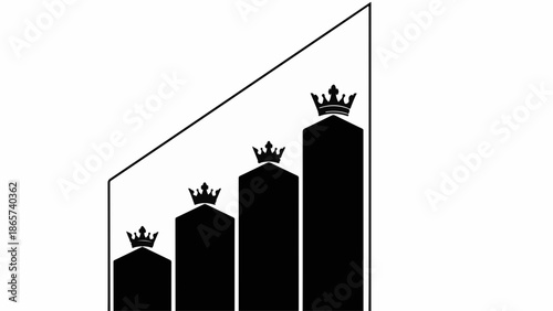 Rising success symbolized by ascending bars crowned with royal emblems