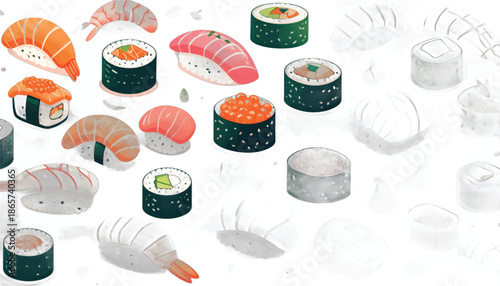 Assortment of Delicious Sushi Rolls and Nigiri Illustration.