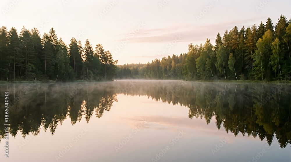 Obraz premium Peaceful lake landscape reflecting surrounding forest and sky, captured in soft natural light with a clean and minimal composition.