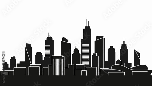 Modern city skyline silhouette with diverse architectural styles under a bright sky.