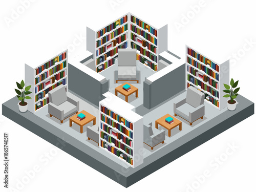Modern Isometric Library Interior Design Vector Illustration - A Cozy Reading Space with Bookshelves and Chairs