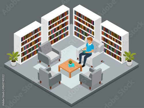 Isometric vector illustration of a cozy library interior with bookshelves, armchairs, and a person reading a book