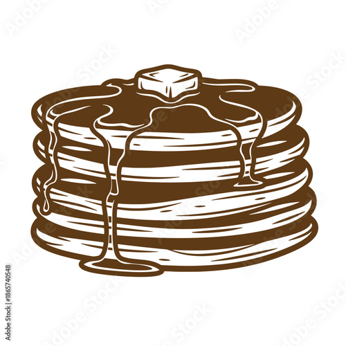 Vintage Brown syrup dripping on a stack of pancakes with butter on top isolated on transparent background