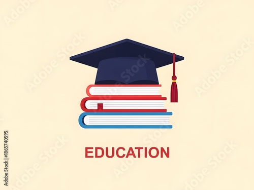 Graduation cap on top of books representing education and academic achievement symbol