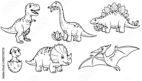 A set of cartoon dinosaurs and a pterodactyl on transparent background