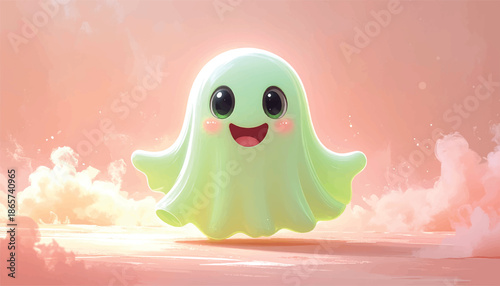 Adorable Cartoon Ghost with a Cheerful Expression on Pink Background.