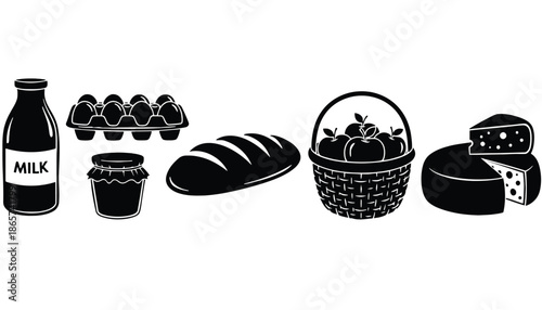 A black and white illustration of various food items on transparent background