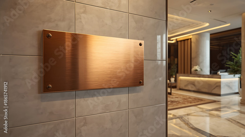 Luxury Copper Signage Mockup on Marble Wall in Modern Hotel Lobby
