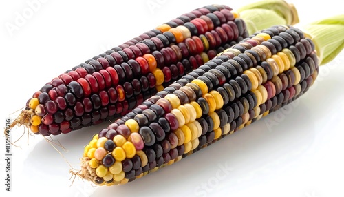 Two ears of colorful ornamental corn on white background.