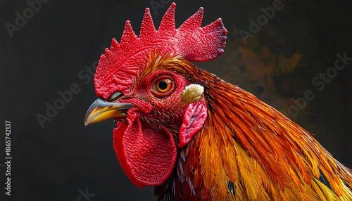 Close-up of a Roosters Head with Vibrant Plumage and Comb.