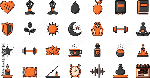 Wellness & Mindfulness Icons Set – Yoga, Balance, Healthy Lifestyle (Black & Orange)