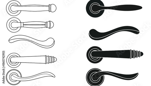 A collection of door handles in various designs and black silhouettes