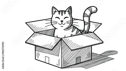 Playful Cat Popping Out Of Cardboard Box – Cute Home Animal Illustration