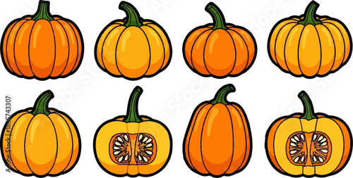 Eight vibrant, cartoon-style pumpkins displayed against a white background