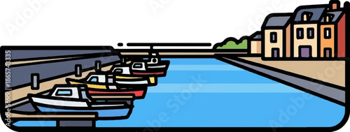 Boats docked by colorful buildings along a calm blue waterway with a scenic background