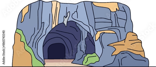 Stylized cave entrance with textured blue rock, tan accents, green moss, and dark interior