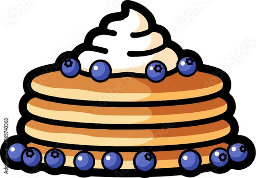 A stack of fluffy pancakes topped with whipped cream and garnished with blueberries