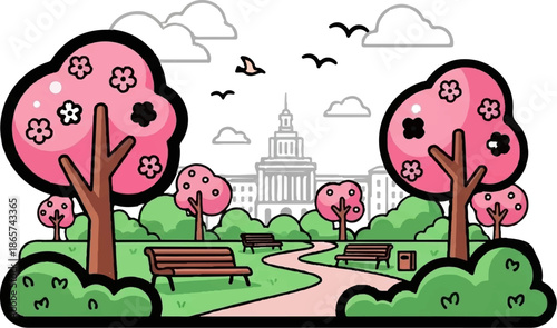 A charming cartoon park scene features blooming pink trees, lush green bushes, and a winding path leading to a grand building