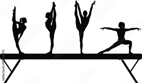Silhouettes of gymnasts performing balance beam poses, showcasing strength, flexibility, artistry, athletic performance, and professional gymnastics competition techniques