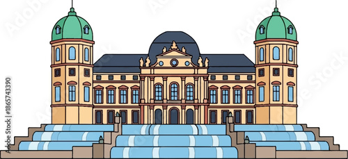 Elegant baroque palace with green domed towers and cascading water fountains