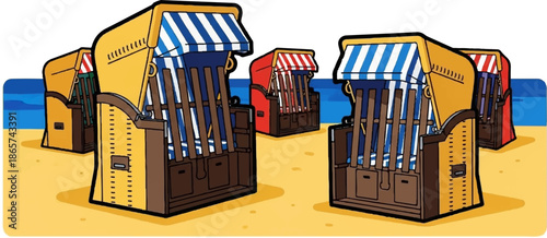 A bright, cartoonish illustration features several colorful beach chairs set up on a sandy shore with the blue ocean in the background