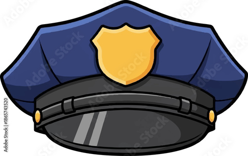 A cartoon-style police cap with a blue crown, black band, and gold emblem