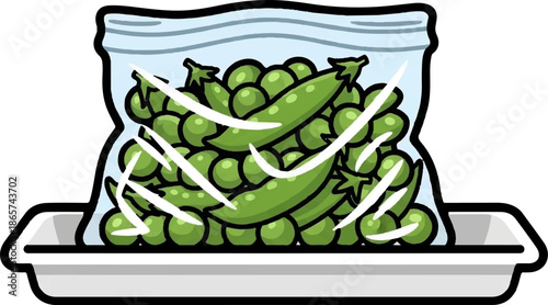 A transparent bag filled with fresh green peas rests in a white tray