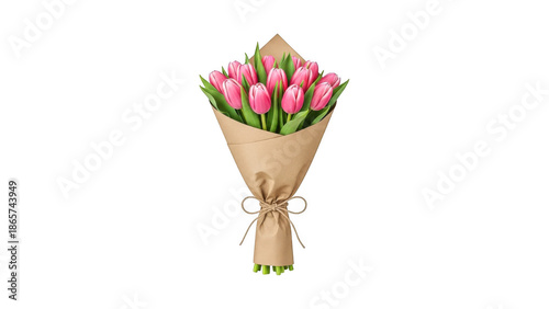 Bouquet of pink tulips wrapped in brown paper isolated on transparent background