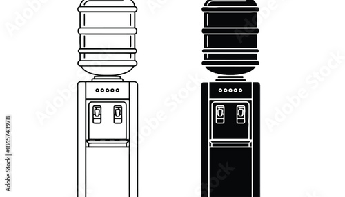 A black and white illustration of two water coolers side by side silhouette