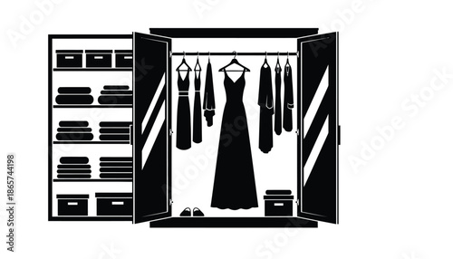 A black silhouette of an open closet with clothes and shoes inside silhouette