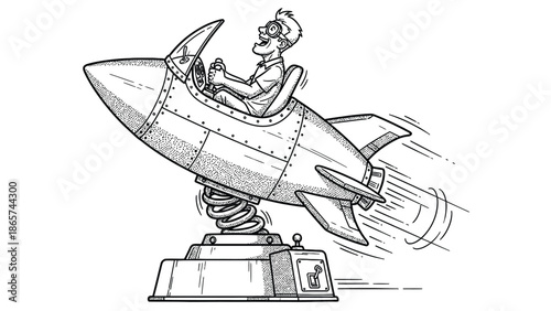 Playful black-and-white illustration of a scientist driving a compact rocket-powered car mounted on a spring platform, blasting forward with speed lines. Ideal for retro, tech, and kids' space-themed 