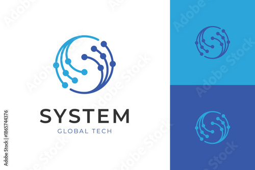 System Global Technology Logo Icon Design. Digital Network Circuit Combined With Circular Globe Symbol For IT Company And Tech Startup Branding