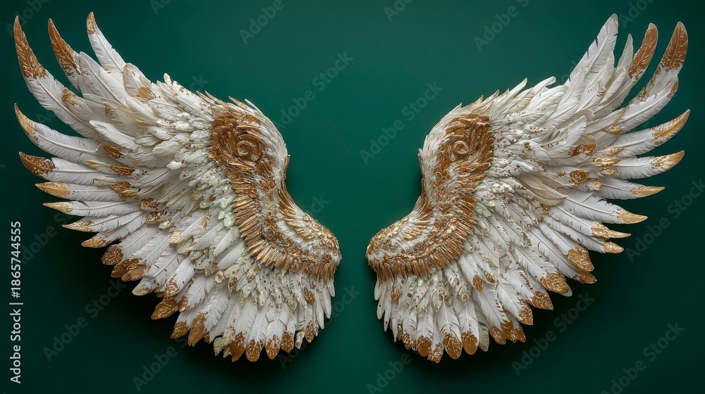 Fototapeta premium Two ornate, symmetrical wing sculptures with gold accents rest against a dark green backdrop, creating a striking contrast
