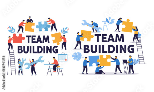 Team building workshop illustration showcasing diverse colleagues collaborating to assemble puzzle pieces and achieve shared goals.